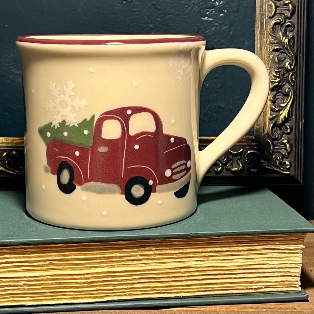 Christmas Hartstone Pottery Red Truck Hand-Painted Coffee Mug 16 Oz EUC